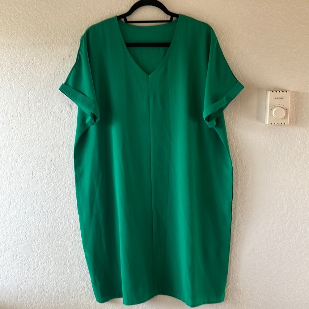 Polyester Emerald Green Cuffed Sleeves Oversized V-Neck Tunic Dress women XXL